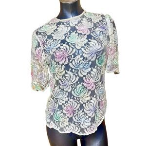 Vintage lace beaded sequin kitsch pastel top shirt size petite medium kawaii